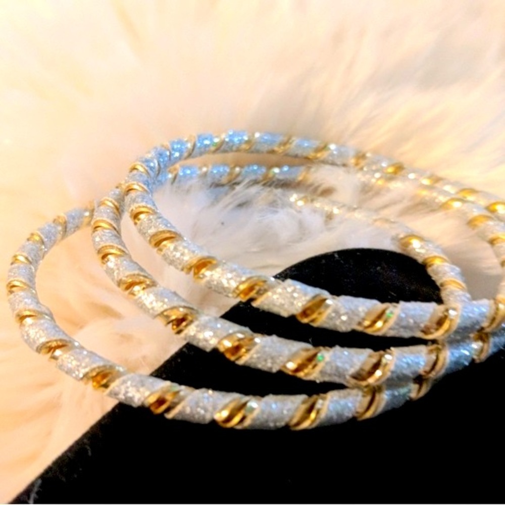 3 Bangle Bracelet Set Seafoam White & Gold